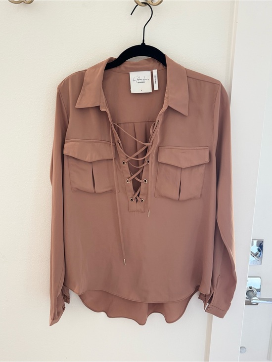 L'Academie Tops - L’Academie Blush Brown Lace-Up Utility Blouse